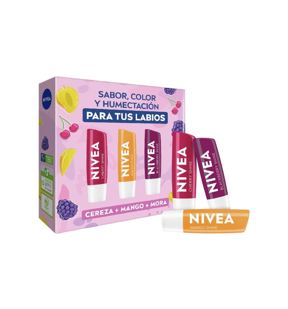 NIVEA PACK 3 BALSAMOS LABIALES CEREZA + MANGO + MORA